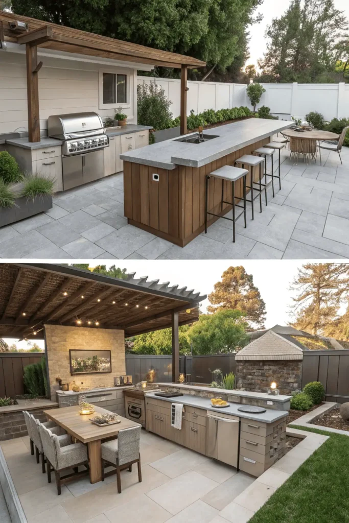 Outdoor kitchen layout examples showing an L-shape for larger areas, straight-line design for compact patios, and U-shape for maximum counter space.