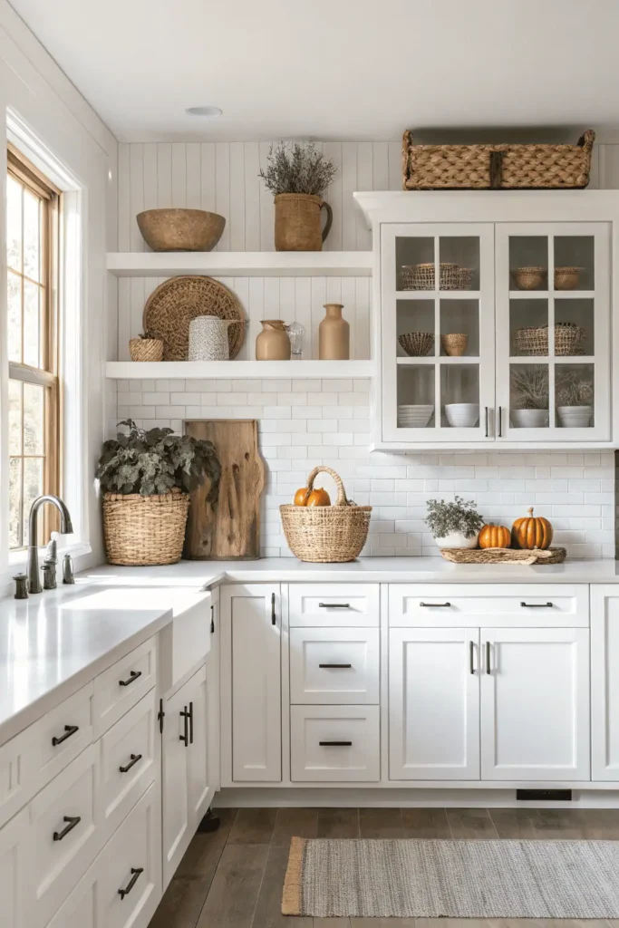 Kitchen cabinet tops styled in different themes—farmhouse with baskets, modern with sleek vases, minimalist with simple greenery, and seasonal with pumpkins and holiday accents.