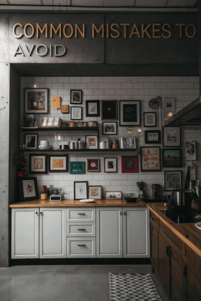Kitchen wall with cluttered decor, mismatched colors, and artwork hung too high, showing common mistakes to avoid in wall decoration.