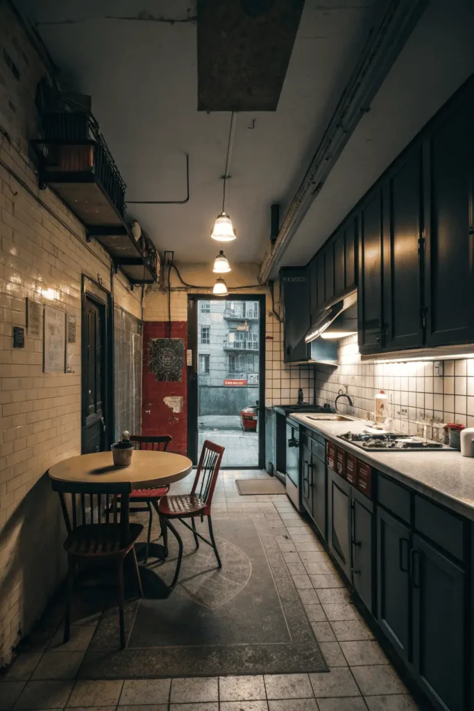 Small open kitchen with bulky furniture, dark cabinets, and poor lighting showing design mistakes.