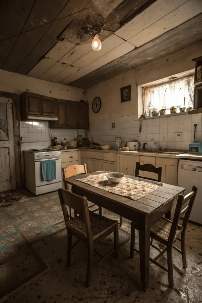Cluttered small kitchen with an oversized dark table and poor lighting.