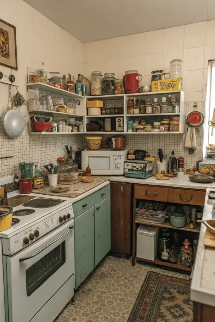Overcrowded kitchen counter with appliances and decor showing common mistakes in counter styling.