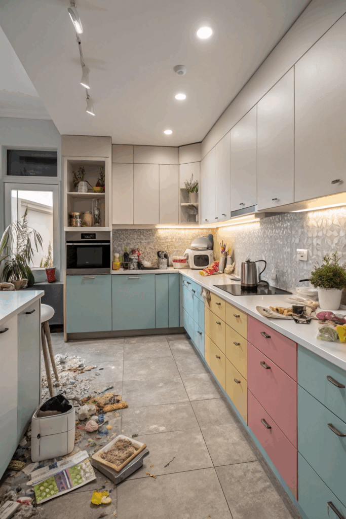 Cluttered kitchen with mismatched colors, poor lighting, and crowded counters.