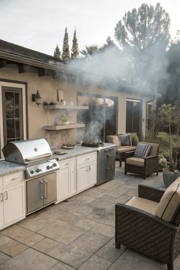 Cluttered outdoor kitchen with oversized appliances and poor layout causing smoke and crowding.