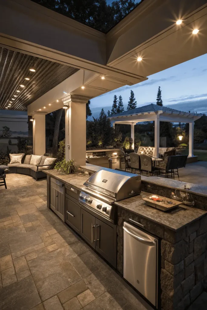 Backyard outdoor kitchen with layout, lighting, and shelter mistakes that reduce functionality.