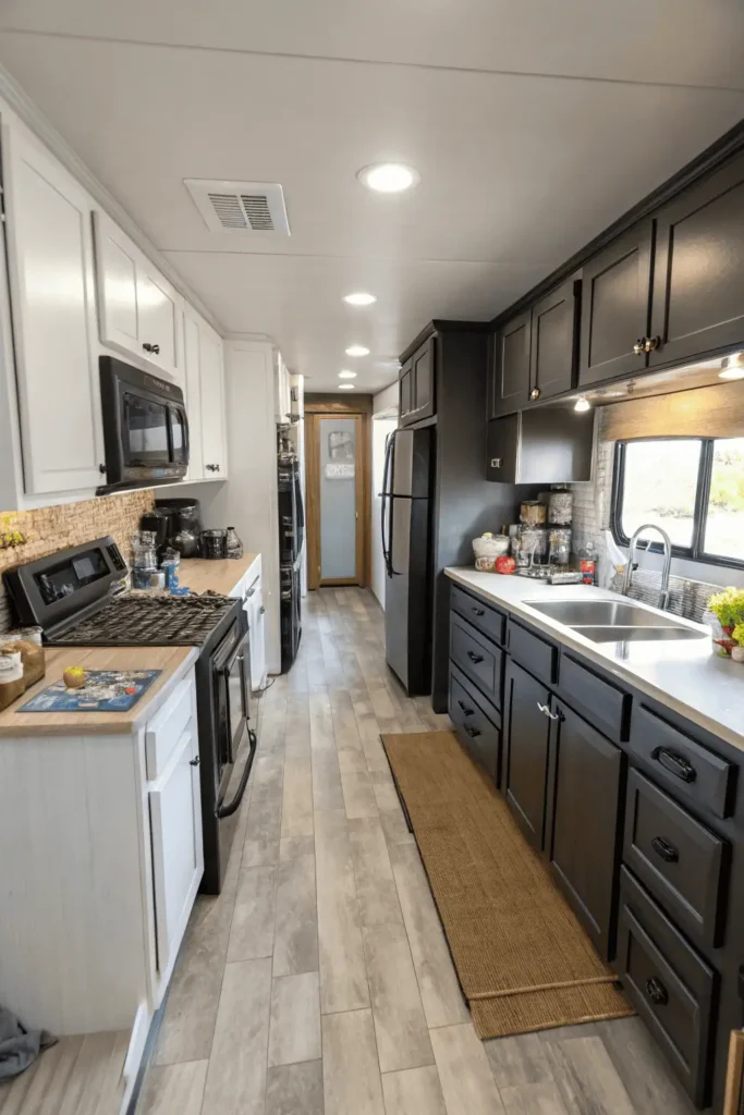 Side-by-side mobile home kitchen comparison showing common mistakes versus smart design choices.
