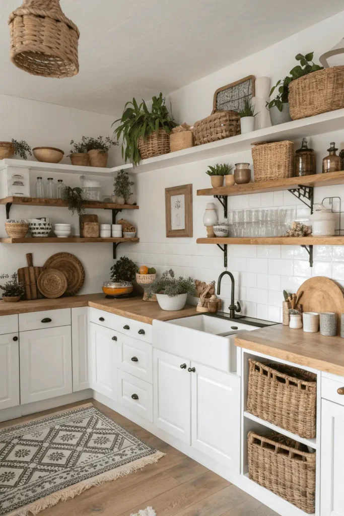 Kitchen cabinet tops cluttered with too many small mismatched items, poorly lit and overcrowded, showing common mistakes in top-of-cabinet decor.