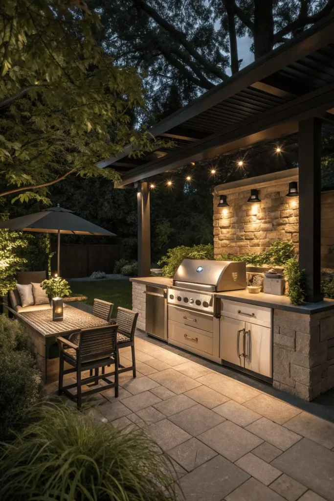 Outdoor garden kitchen with grill too close to seating, poor lighting, and cluttered counters.