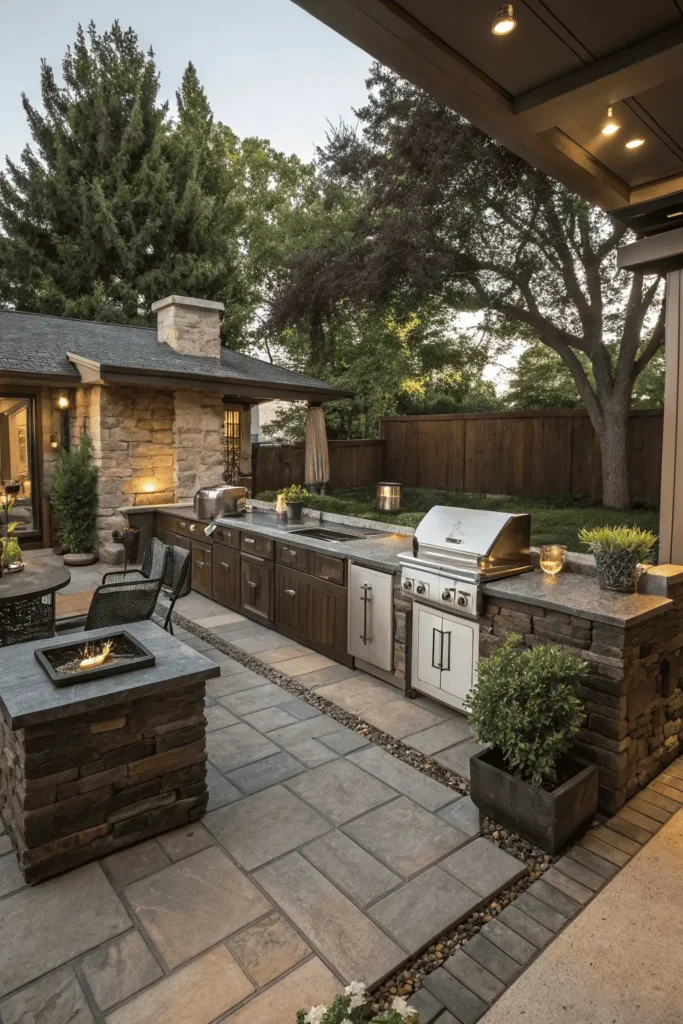 Cluttered outdoor kitchen with oversized furniture, poor lighting, and cramped grill space.
