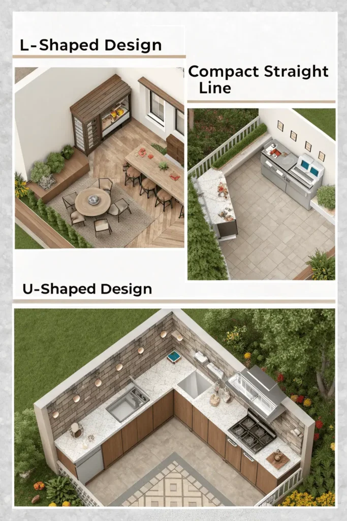 Comparison of outdoor kitchen layouts: L-shape for entertaining with prep space, straight-line for compact patios, and U-shape for maximum counter space and storage.