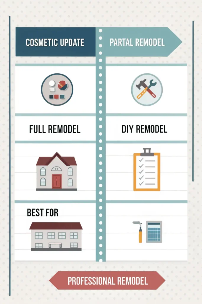 Infographic comparing kitchen remodel options with cost, time, and best use cases for cosmetic, partial, full, DIY, and professional remodels.