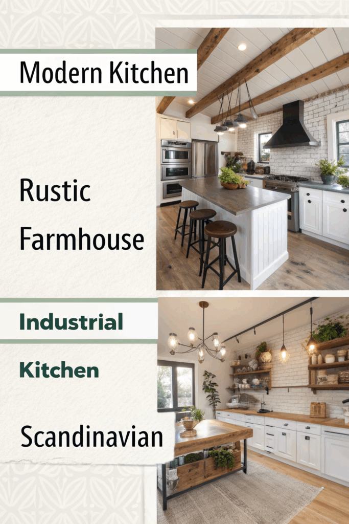 Infographic showing modern, rustic, industrial, and Scandinavian kitchen styles.