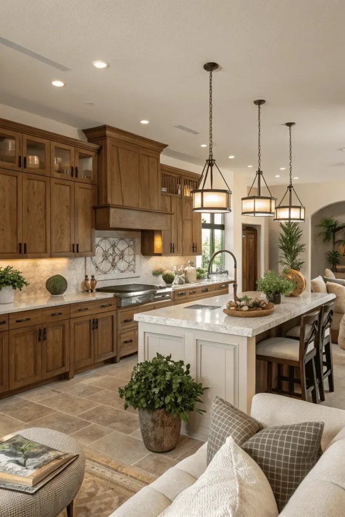Inviting kitchen with wooden cabinets, plants, and cozy seating