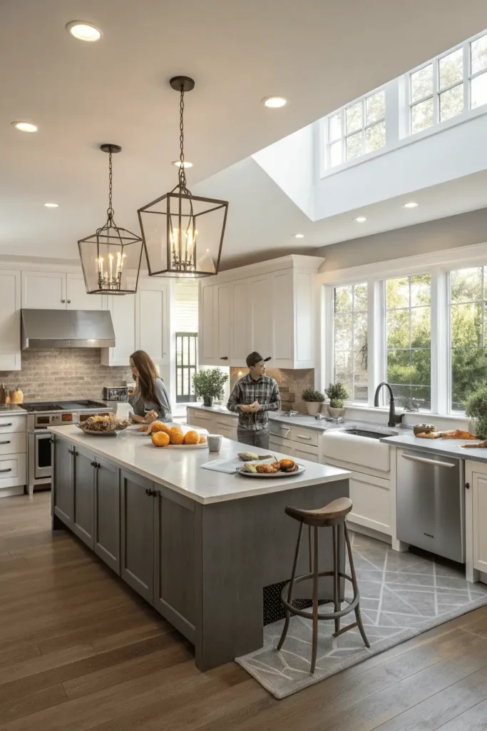 Bright, modern remodeled kitchen with stylish countertops, appliances, and lighting, where a family enjoys cooking and spending time together.