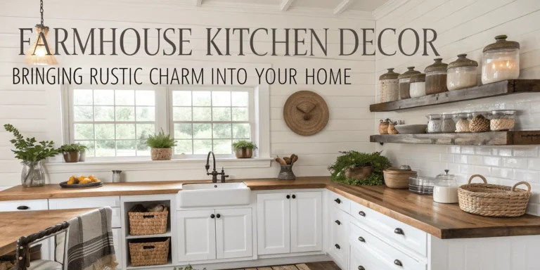 Farmhouse kitchen decorated with rustic wooden accents, vintage accessories, neutral tones, and open shelving, creating a warm, inviting, and timeless atmosphere.