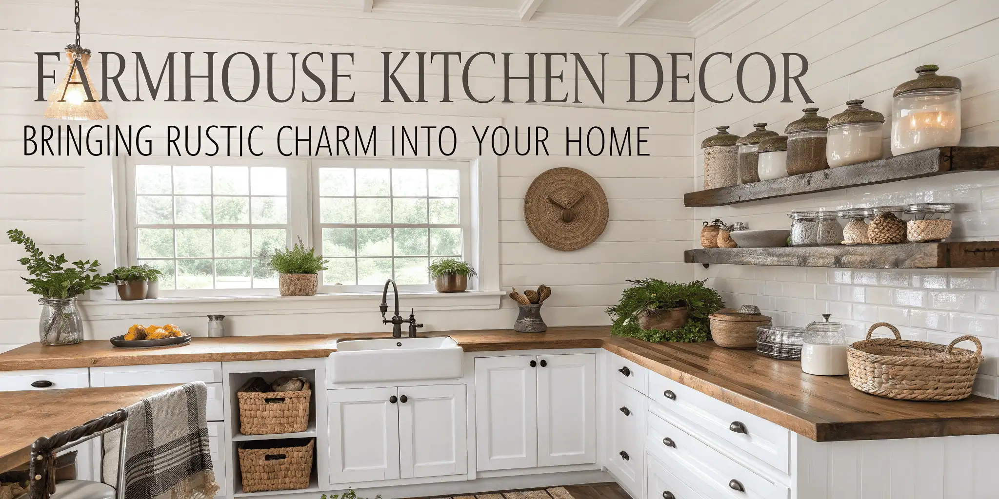 Farmhouse kitchen decorated with rustic wooden accents, vintage accessories, neutral tones, and open shelving, creating a warm, inviting, and timeless atmosphere.