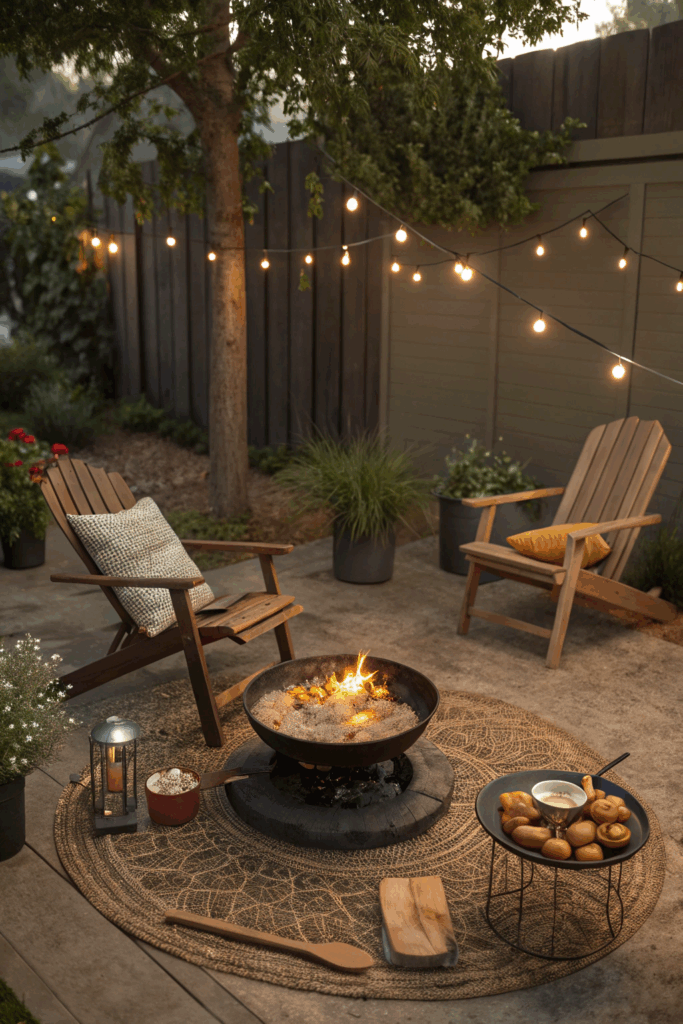Backyard fire pit with a removable cooking grate, doubling as a grill and heating source, surrounded by chairs and outdoor decor for a cozy multifunctional setup.