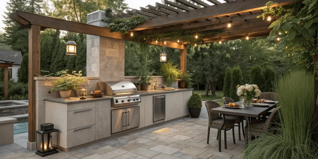 Beautiful outdoor garden kitchen with rustic wooden counter, grill, stone flooring, and seating surrounded by greenery.