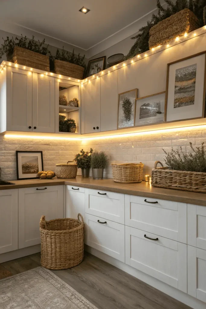 Kitchen cabinet tops decorated with baskets, plants, and art, illuminated by warm LED strip lighting to highlight decor and add a cozy atmosphere.