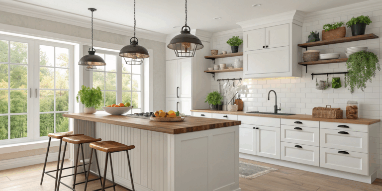 Modern kitchen decor with wooden island, pendant lights, plants, and cozy seating.