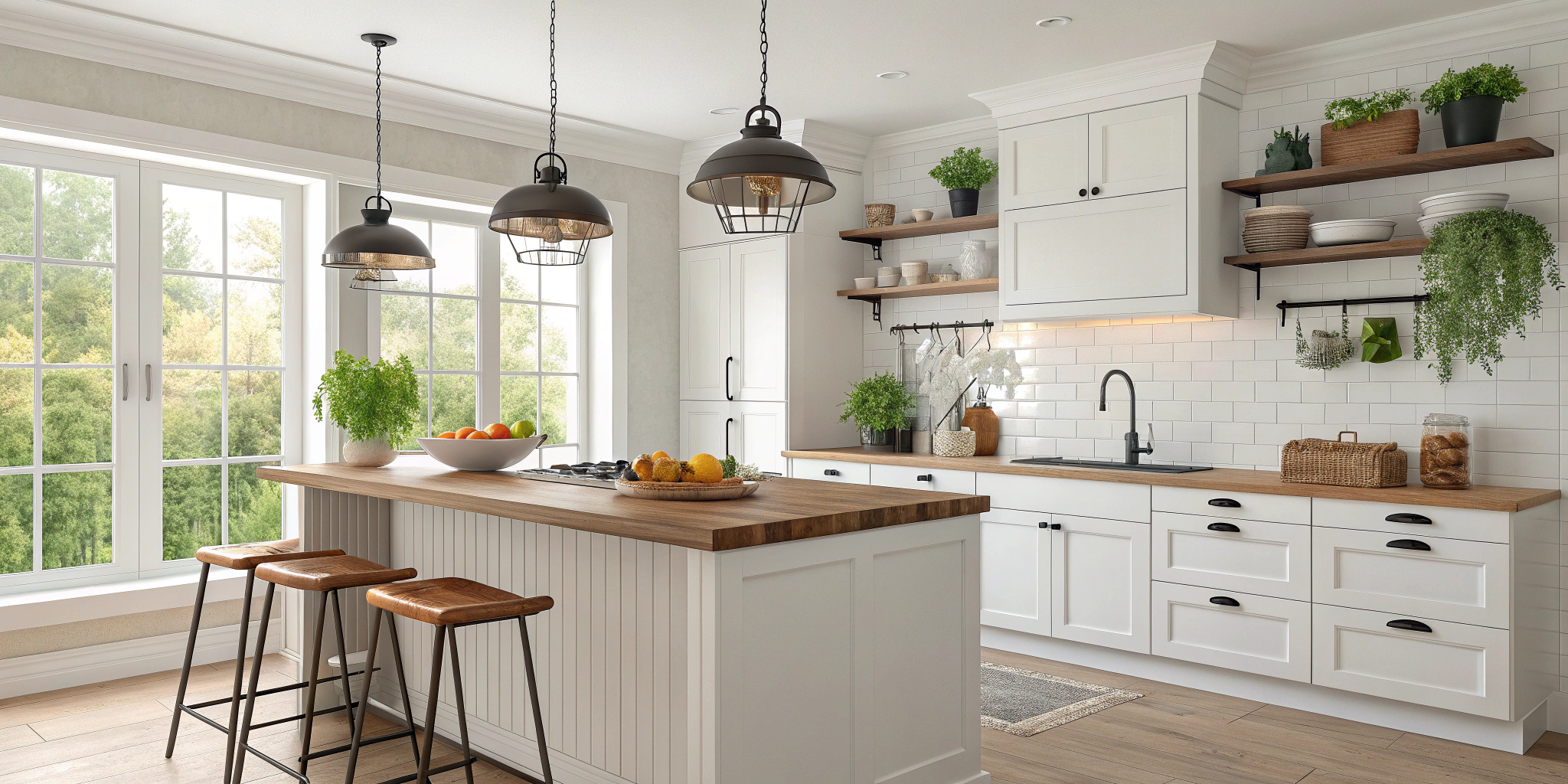 Modern kitchen decor with wooden island, pendant lights, plants, and cozy seating.