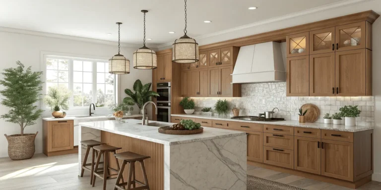 Modern kitchen decor with plants, wooden cabinets, and pendant lighting