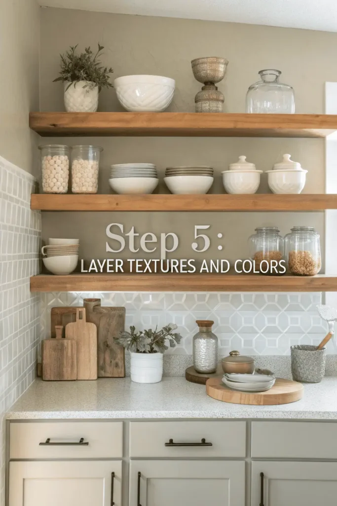Kitchen wall decor using layered textures with wood shelves, ceramic bowls, glass jars, and metal accents, coordinated in neutral colors to add depth and harmony to the space.