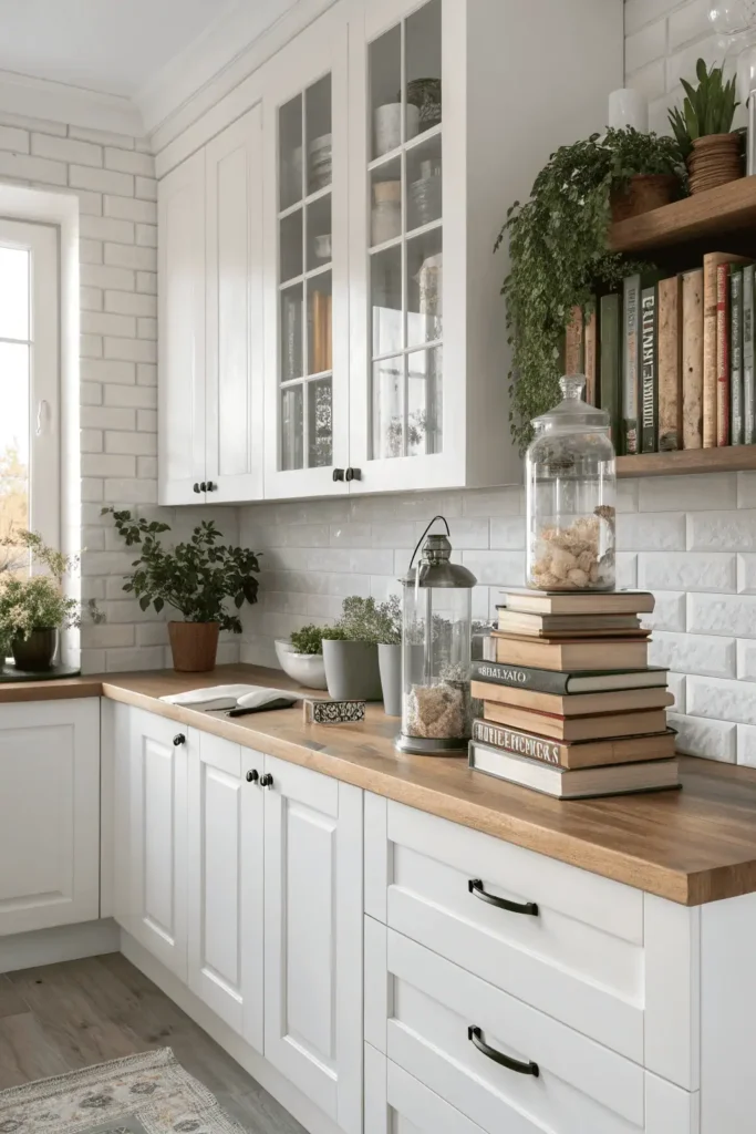 Top of kitchen cabinets decorated with smaller layered items such as books, greenery, and jars, adding texture and balance to larger anchor pieces.