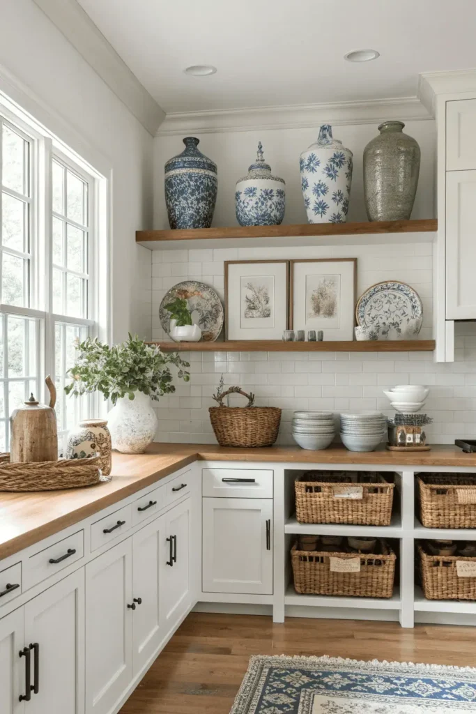 Kitchen with decorative baskets, vases, and artwork placed on top of cabinets while everyday items are kept within easy reach below for practical access.