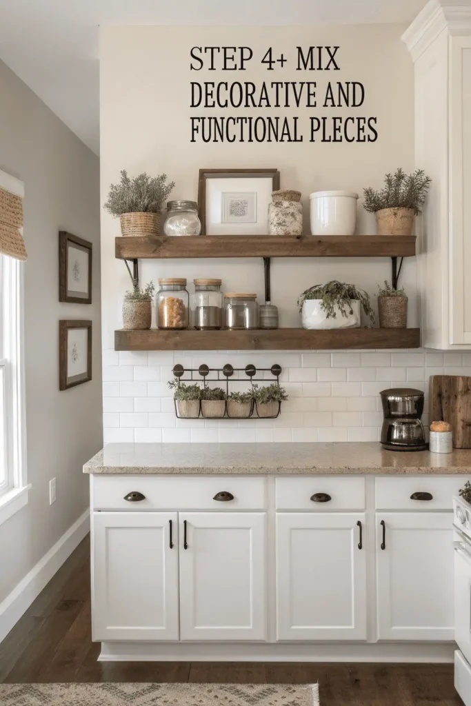 Kitchen wall decorated with a mix of art, spice racks, hanging utensils, and floating shelves, blending decorative style with functional storage for a balanced look.
