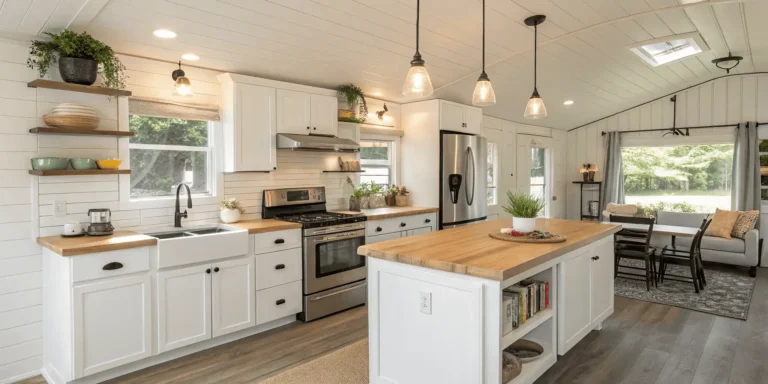 Bright modern mobile home kitchen remodel with white cabinets, stainless steel appliances, and a compact island designed to maximize small space.