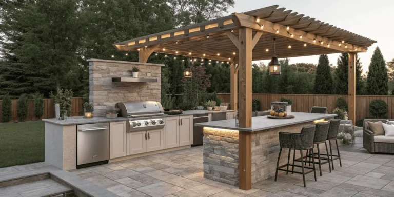 Modern backyard outdoor kitchen with grill, countertops, bar seating, and pergola lighting for cooking and entertaining.