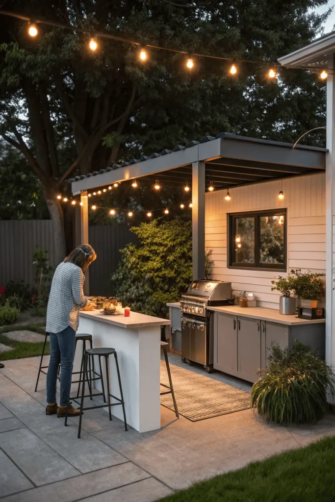 Simple backyard outdoor kitchen with grill, counter, and bar stools under string lights.
