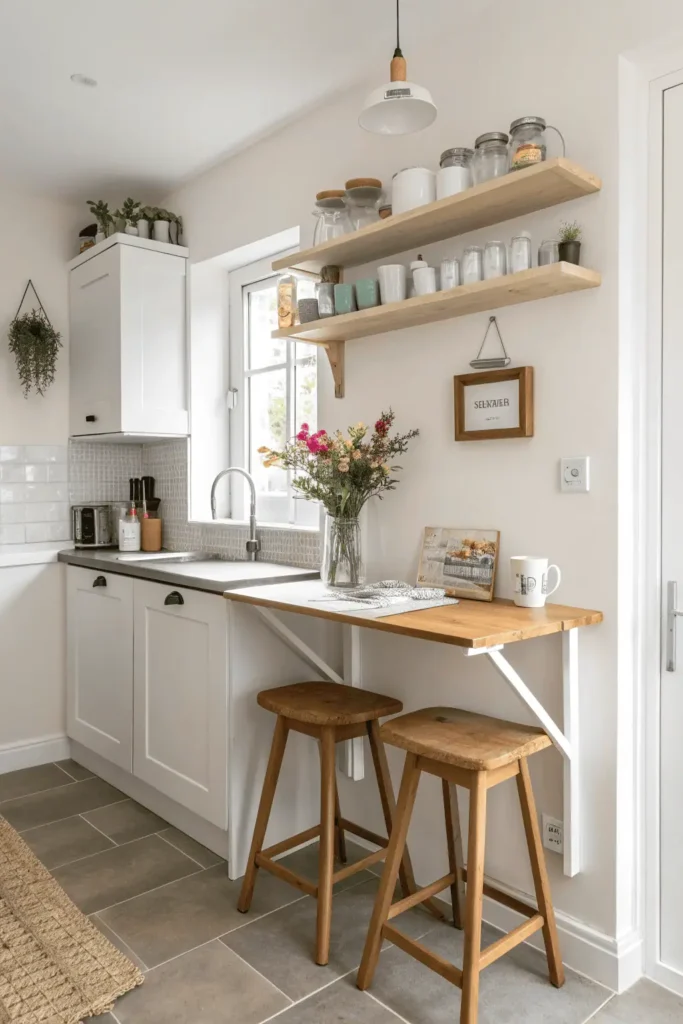 Small kitchen with a foldable wall table, stools, and shelves for storage.