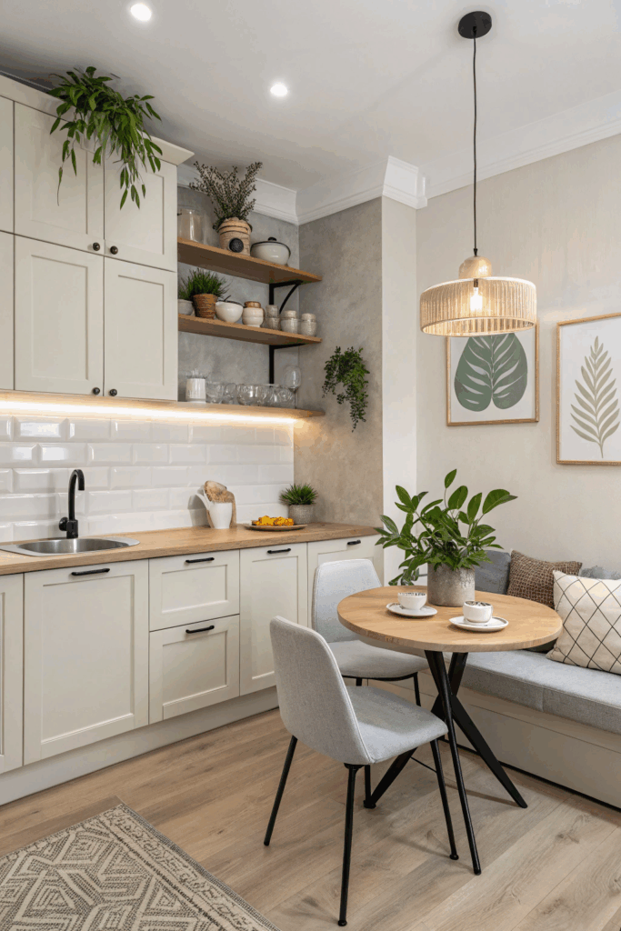 Simple beginner-friendly kitchen with light cabinets, plants, and minimal decor.