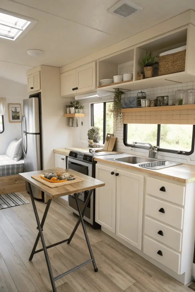 Bright and modern mobile home kitchen using light colors, wall shelves, and compact multipurpose furniture.
