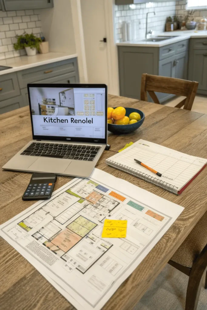 Homeowner using a laptop with 3D design tools, floor plans, and material samples on the table while planning a kitchen remodel with budget notes and a schedule.