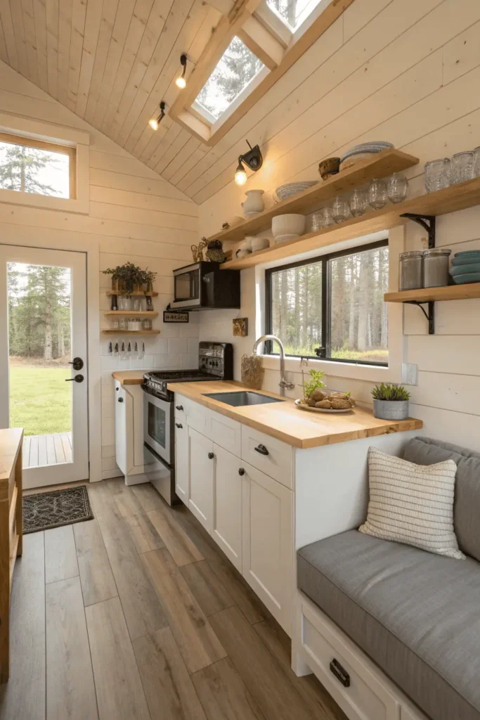 Beginner-friendly small open kitchen with compact appliances, open shelves, and bright counters.
