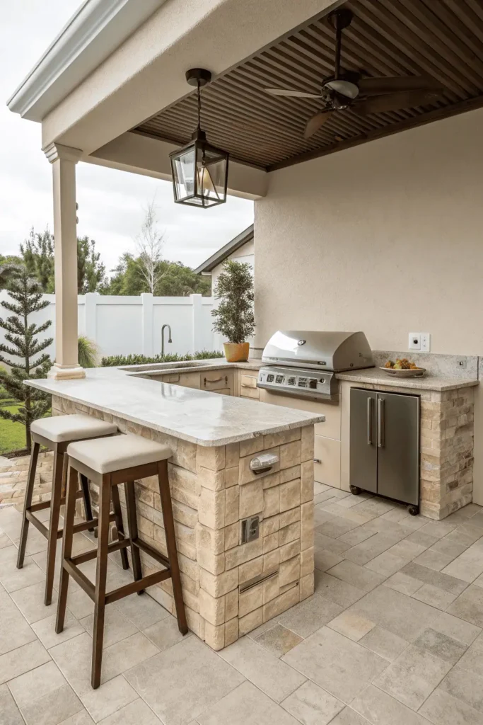 Beginner outdoor kitchen with compact grill, light countertops, and safe seating setup.