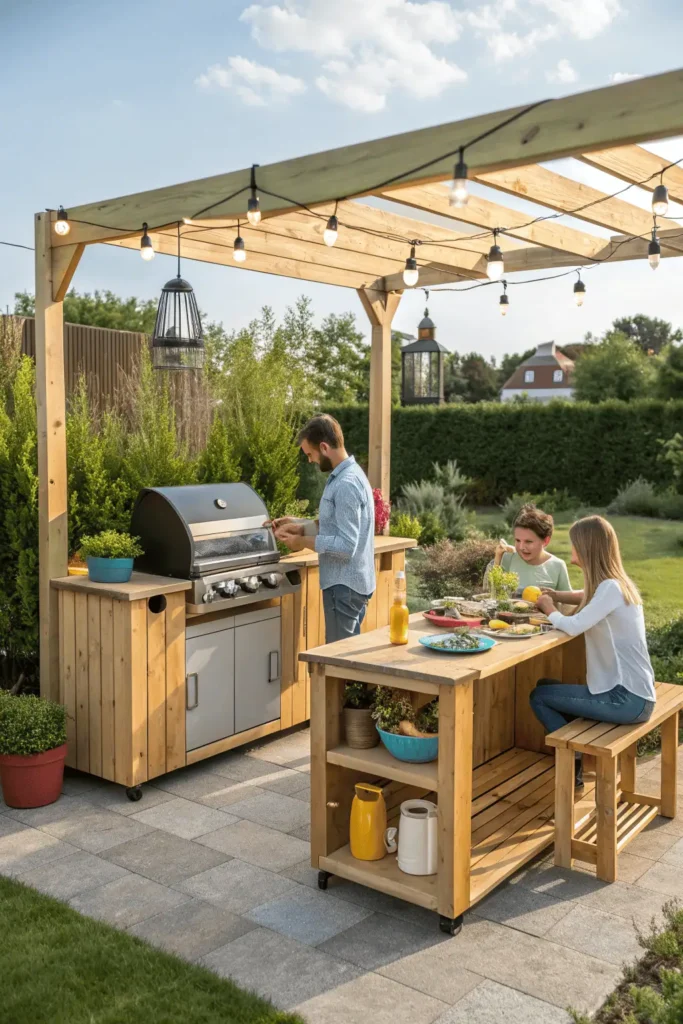 Affordable outdoor kitchen with DIY counter, small grill, repurposed furniture, and solar lights.