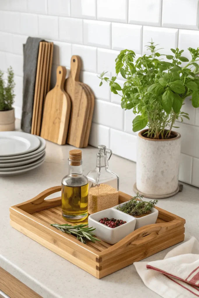 Kitchen counter with tray, herb plant, and cutting boards showing practical tips for decor.