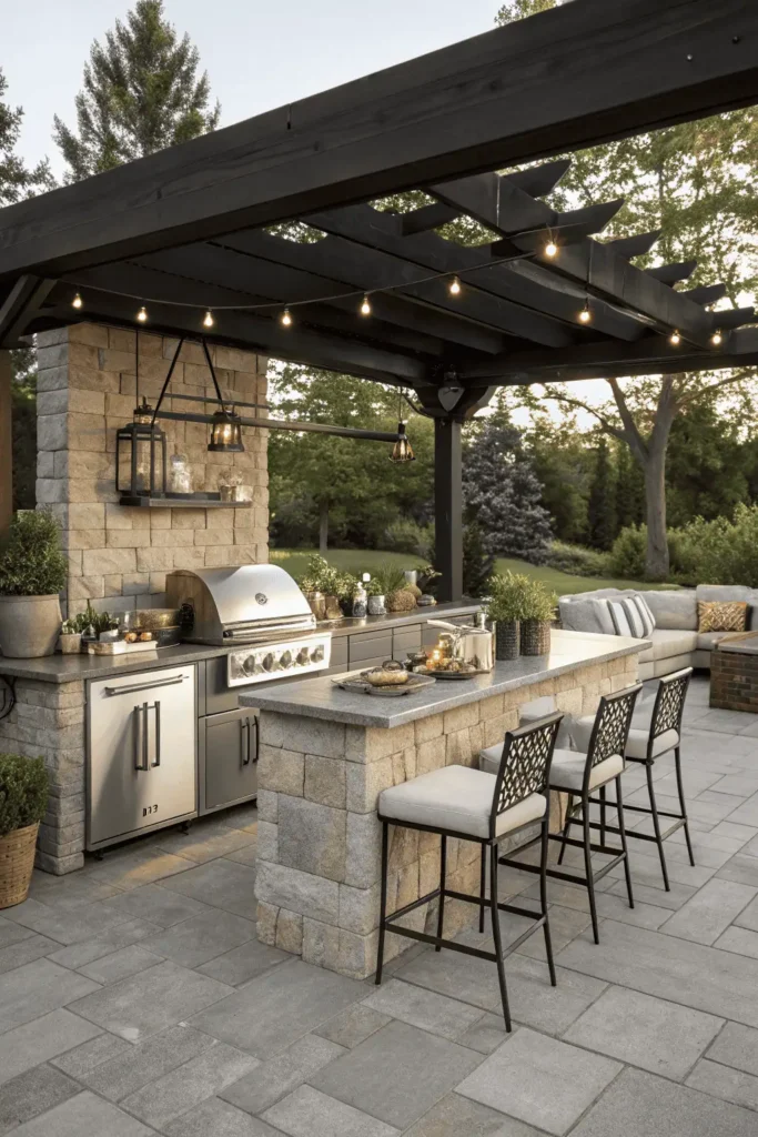 Outdoor kitchen with grill placed downwind, weatherproof cabinets for storage, shaded pergola for year-round use, and seating arranged for comfort and functionality.