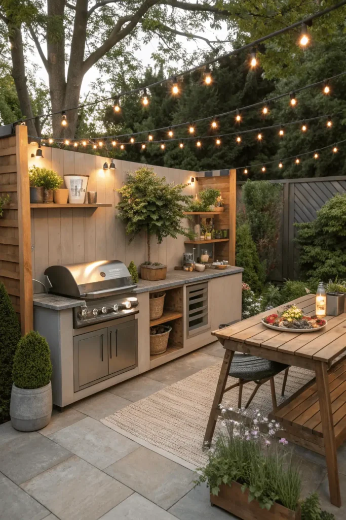 Garden outdoor kitchen with compact grill, foldable table, shelves, solar lights, and potted herbs.