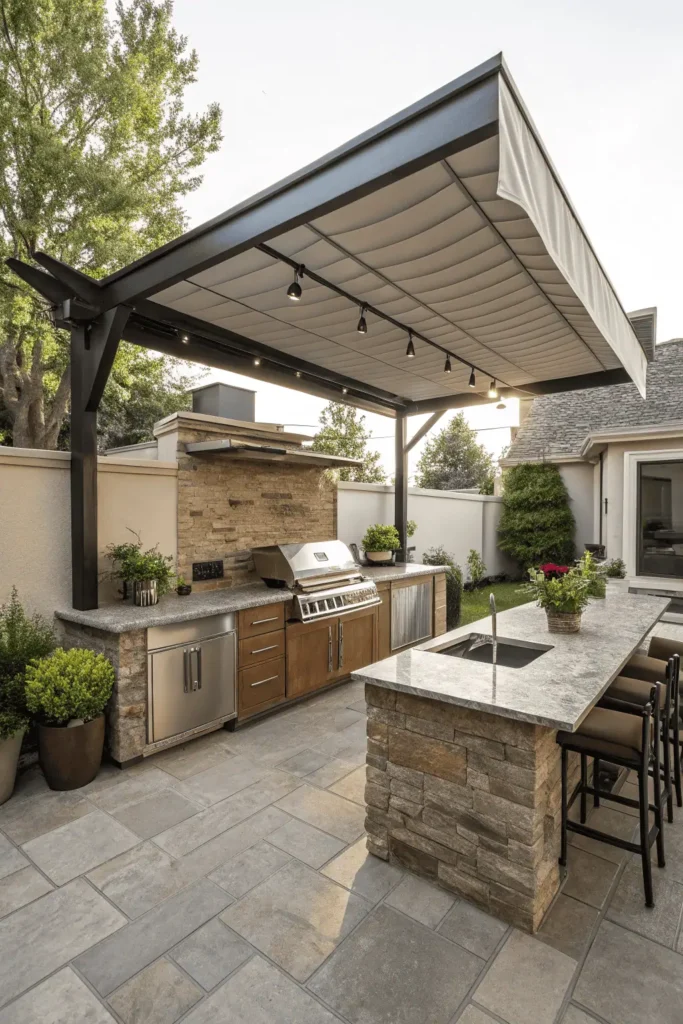 Small backyard outdoor kitchen with a retractable awning cover shading a grill station and counter, protecting the cooking space from sun and rain.