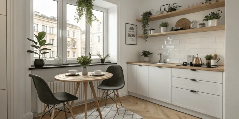 Small kitchen with a round wooden table and chairs maximizing space with style.