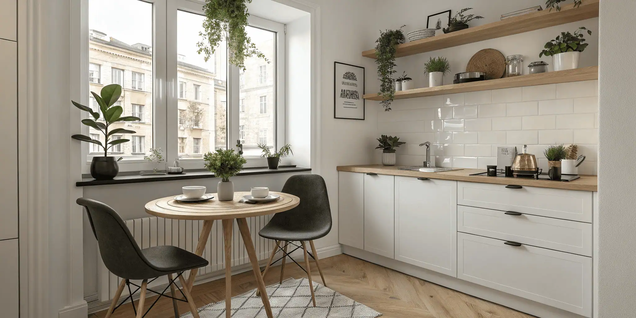 Small kitchen with a round wooden table and chairs maximizing space with style.