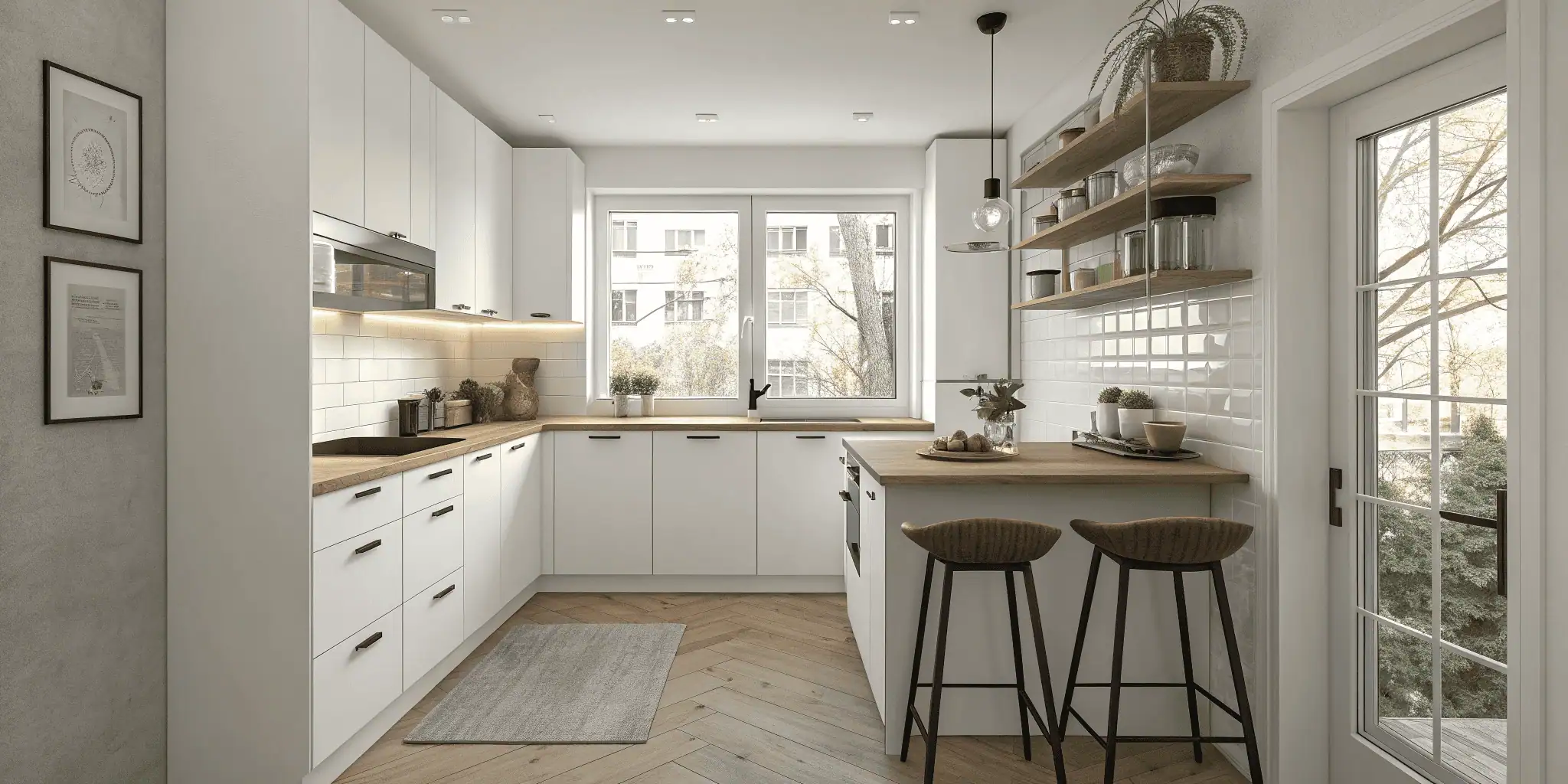 Small open kitchen with white cabinets, wooden counter, and modern bar stools in a bright home.