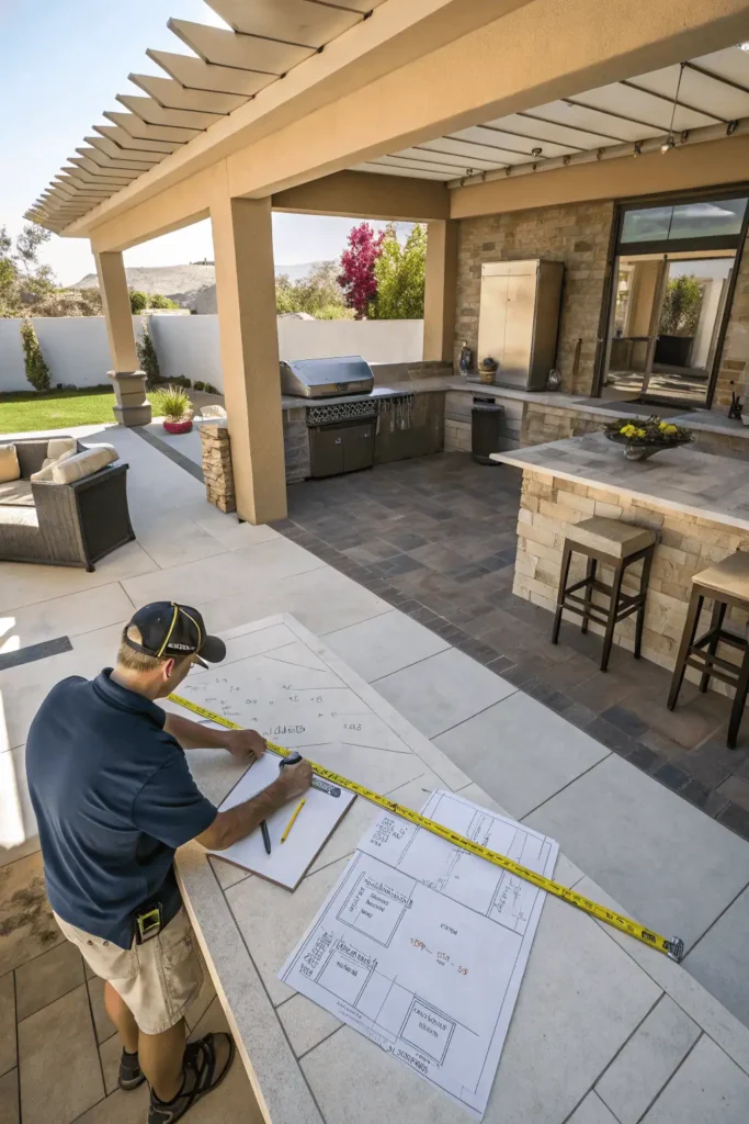 Homeowner measuring backyard patio space with a tape measure and sketchpad to plan an outdoor kitchen layout.