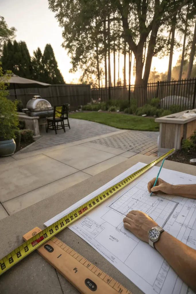 Homeowner measuring patio with tape and sketching layout for outdoor kitchen design.