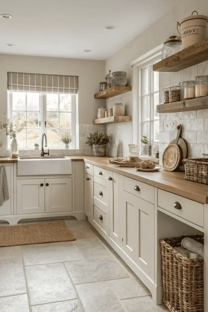 Farmhouse kitchen with white cabinets, cream walls, soft gray accents, and wooden countertops, styled in a neutral palette to highlight rustic decor.
